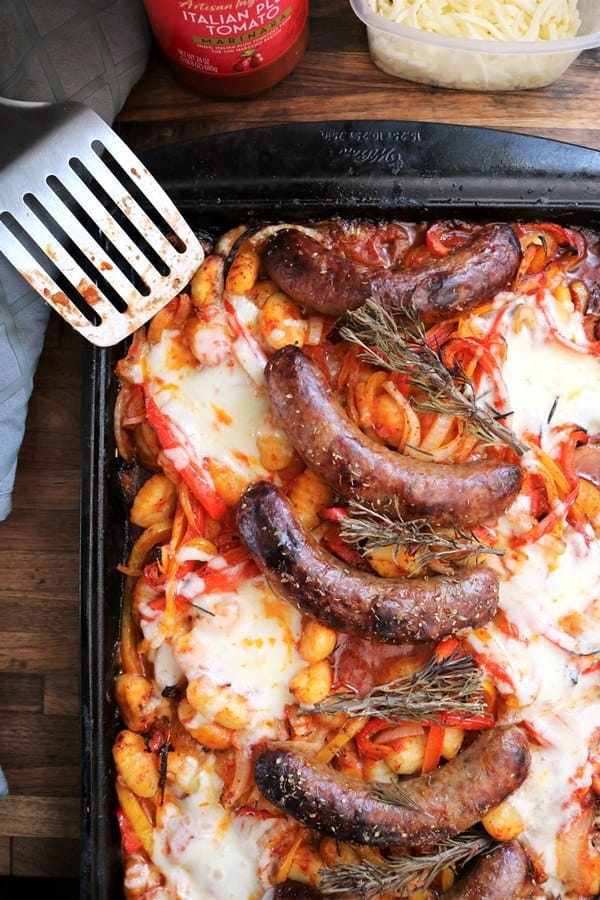 Sheet Pan Italian Sausage with Gnocchi, Peppers, Onions, & Mozzarella
