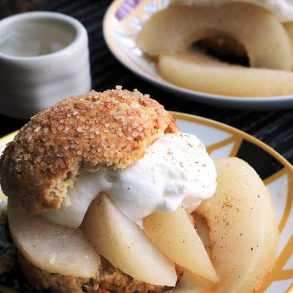 Crystallized Ginger Scone Cakes with Sake Poached Asian Pears