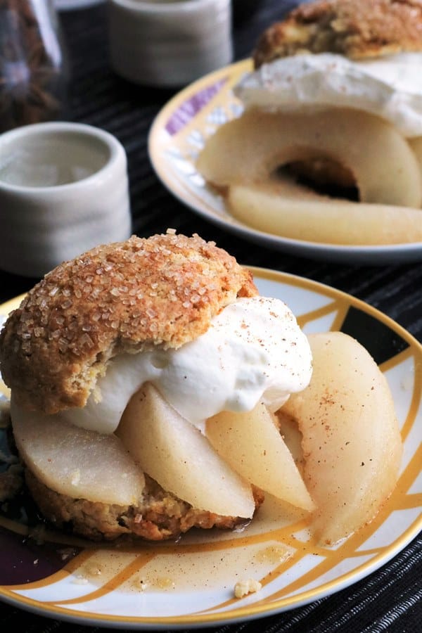 Crystallized Ginger Scone Cakes with Sake Poached Asian Pears