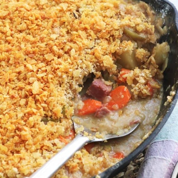 One Skillet Corned Beef Pot Pie with Potato Chip Crust