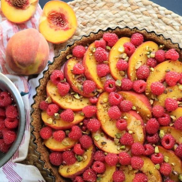 Peach Raspberry Tart with Coconut-Pistachio Crust