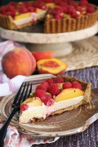 Fresh Peach Raspberry Mascarpone Tart with Coconut-Pistachio Crust