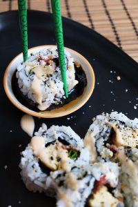 Bacon & Egg Sushi Dipped in Soy Sauce
