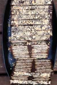 Sliced No-Bake Peanut Butter Chocolate Biscuit Cake.