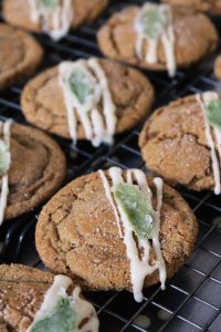 Maple Brown Sugar Cookies with Candied Sage on wire rack.