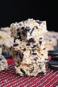 Peanut Butter Oreo Rice Crispy Treats Stacked.