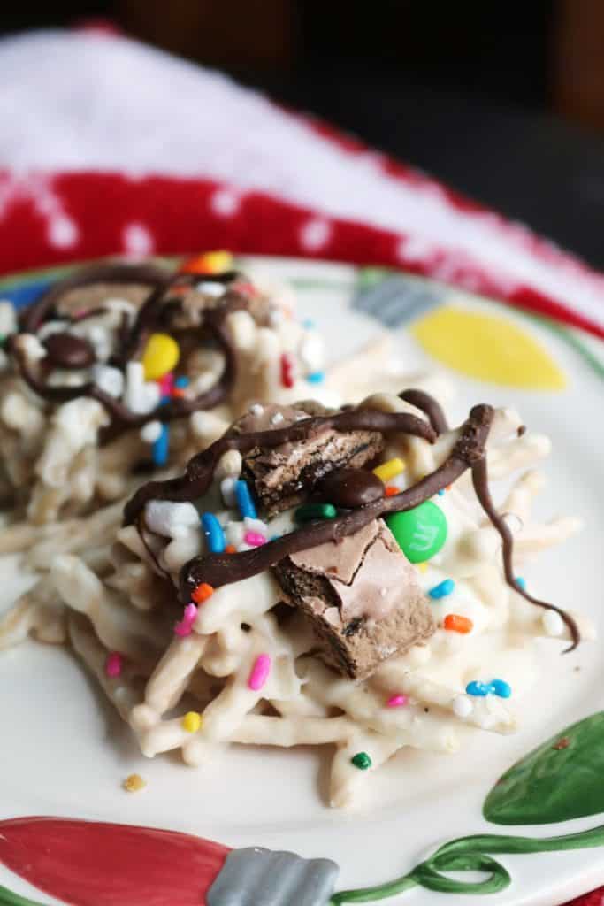No-Bake Buddy the Elf Spaghetti Cookies on a Plate.