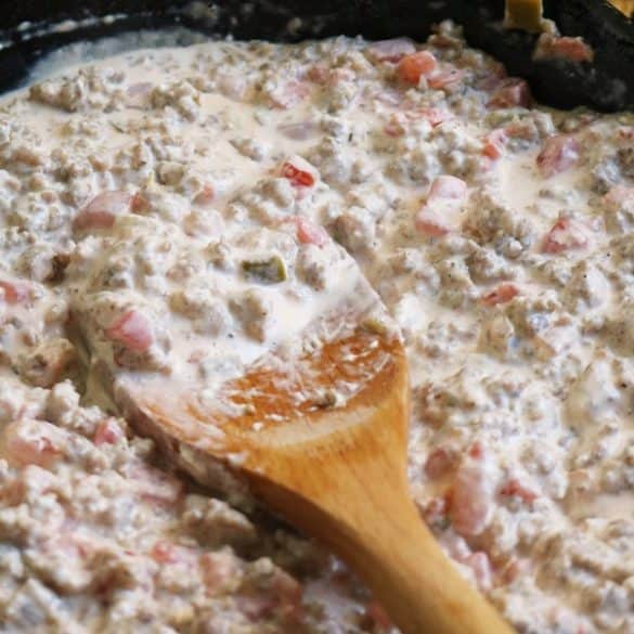 Tennessee Sausage Cheese Dip in a Skillet.