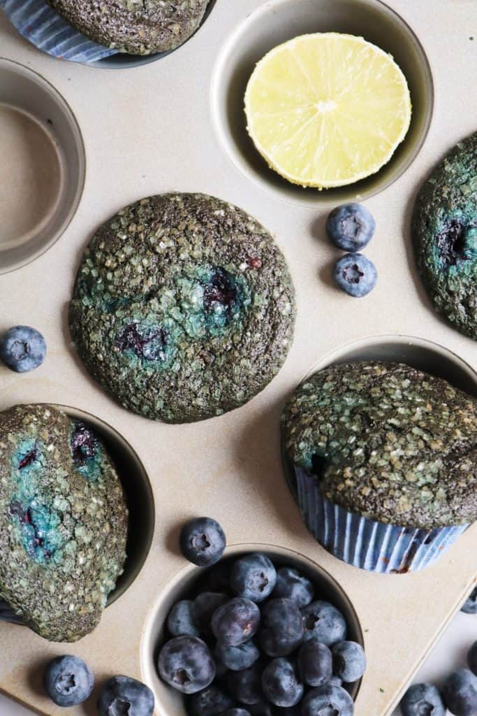 Close up of Blue Poop Challenge Muffins in Pan.