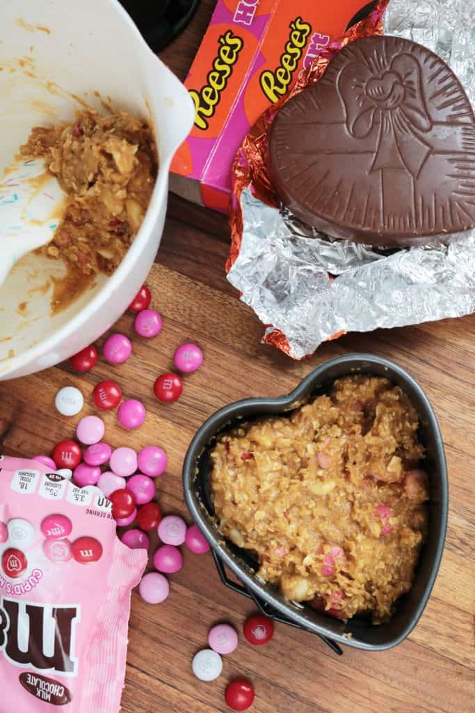 Assembling a Heart-Shaped Reese's Stuffed Cookie for Two.
