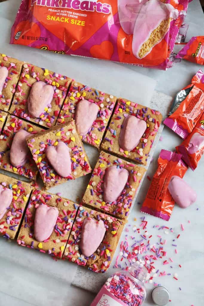 Overhead shot of Reese's Heart Peanut Butter Cup Cookie Bars.