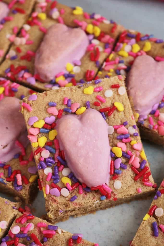 Close-up of Reese's Heart Peanut Butter Cup Cookie Bars.