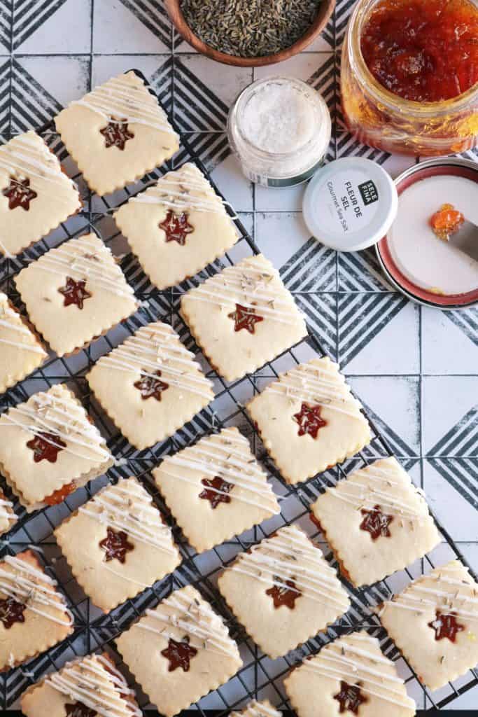 Lavender Linzer Cookies made with Kumquat Marmalade.