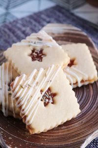Lavender Linzer Cookies with Kumquat Marmalade Close Up.