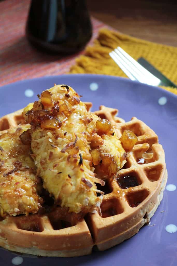 Coconut Chicken Served on top of Waffles.