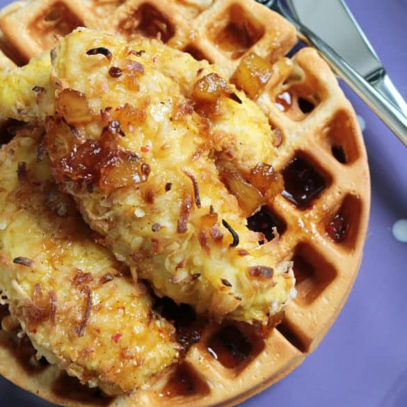 Coconut Chicken and Waffles with Pink Peppercorn Pineapple Syrup.