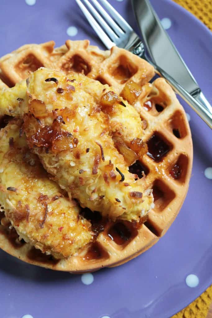 Coconut Chicken and Waffles with Pink Peppercorn Pineapple Syrup.