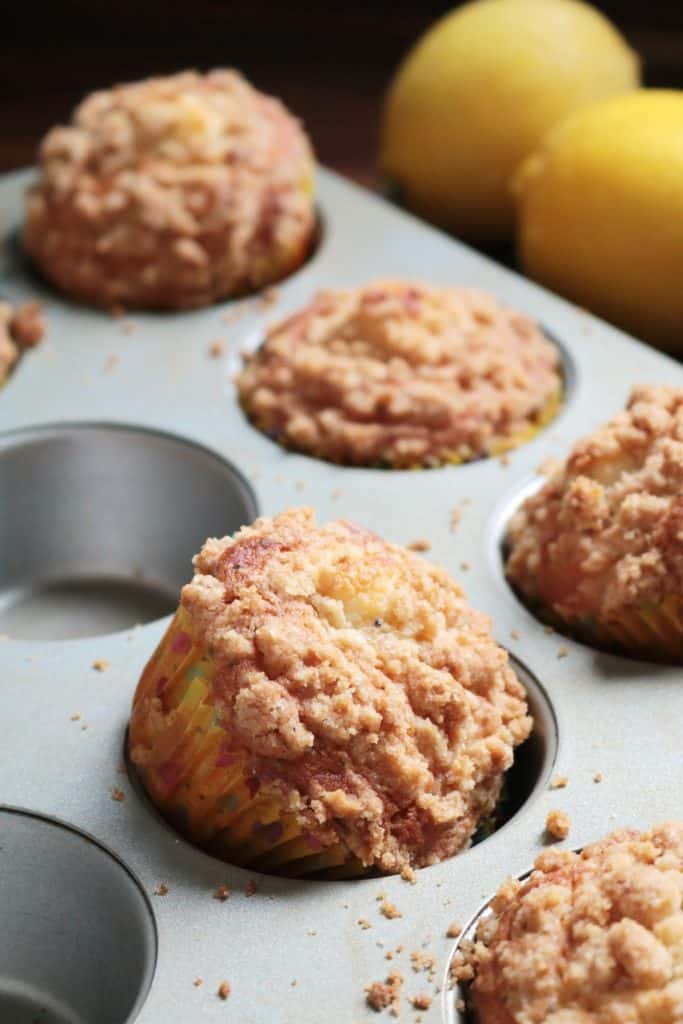 Lemon Poppy Seed Cheesecake Muffins with Crumble Topping.