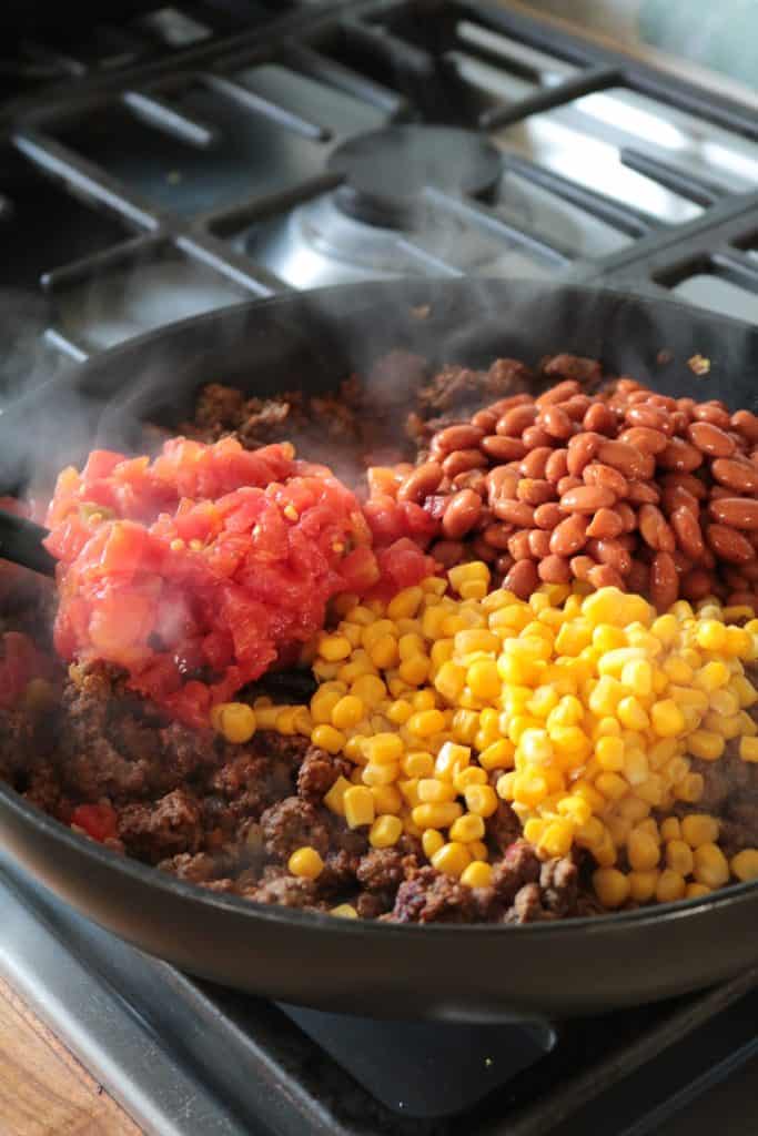 Cheetos Pie Ingredients in Skillet.