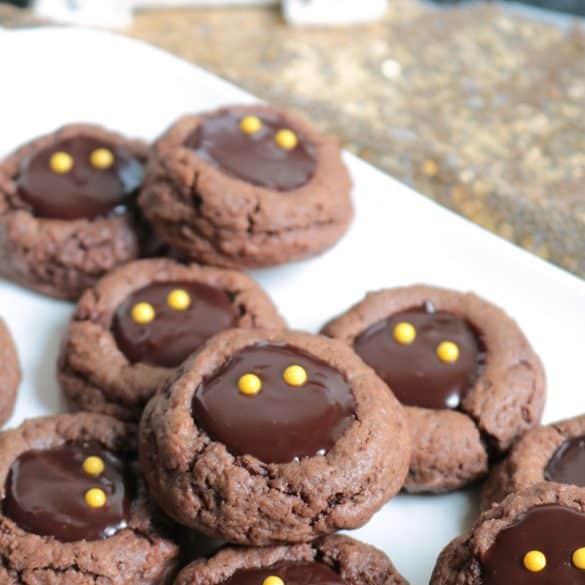Double Chocolate Thumbprint Cookies decorated to resemble Jawa Cookies.