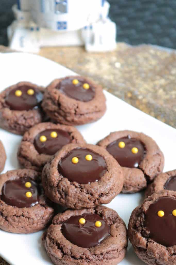 Double Chocolate Thumbprint Cookies decorated to resemble Jawa Cookies.