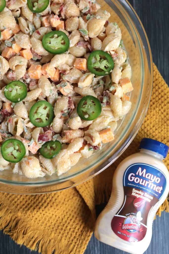 Jalapeno Popper Pasta Salad made with Woeber's Smoky Bacon Mayo.