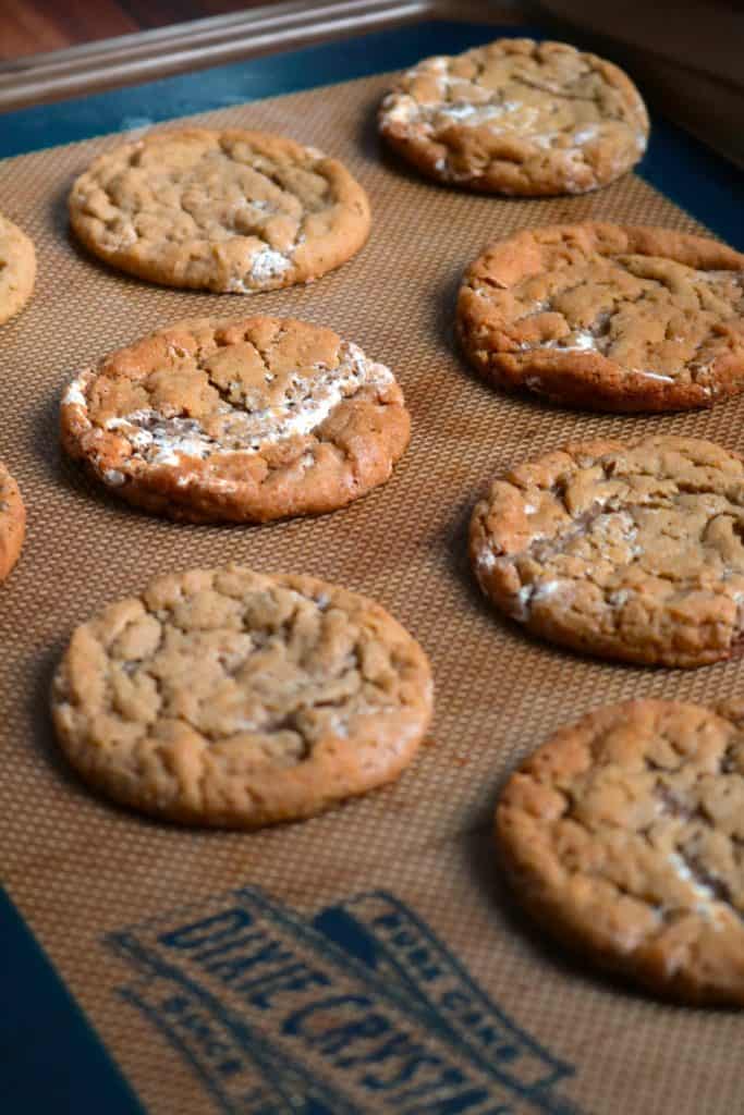 Peanut Butter Marshmallow Fluff Cookies on Baking Sheet.