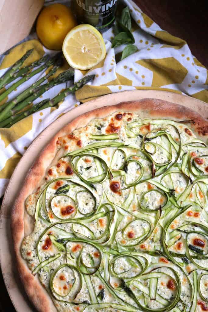 Shaved Asparagus Ricotta White Pizza.