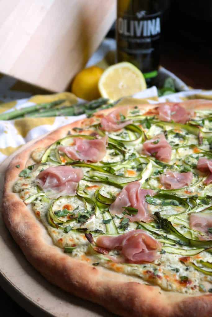 Shaved Asparagus Ricotta Prosciutto Pizza.
