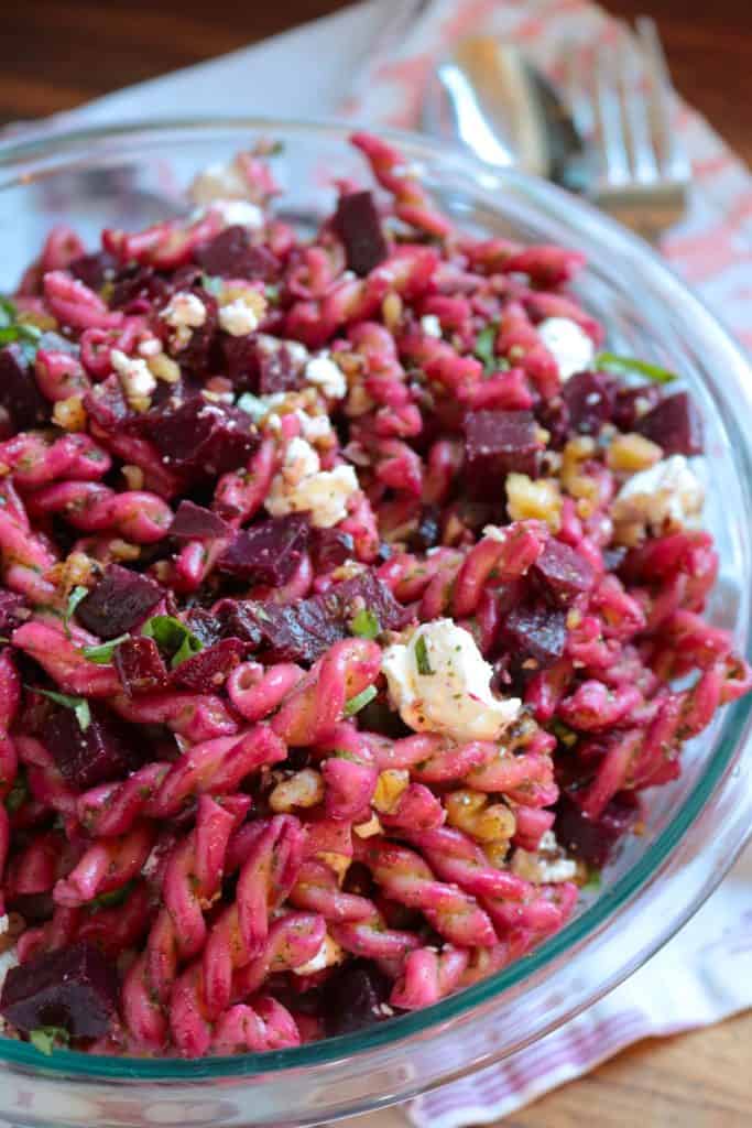 Beet Pasta Salad in a Serving Bowl.