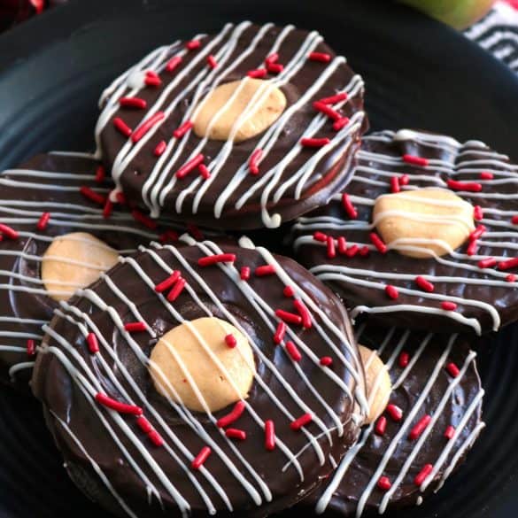 Chocolate Covered Apple Rings with Peanut Butter Center.