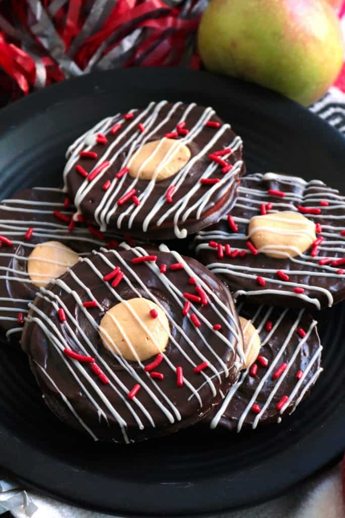 Chocolate Covered Apple Rings with Peanut Butter Center.