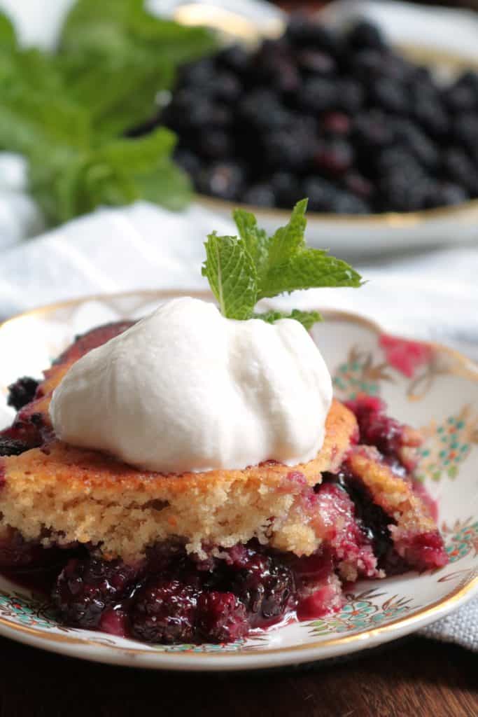 Serving of Grandma's Old-Fashioned Blackberry Cobbler topped with Whipped Cream.