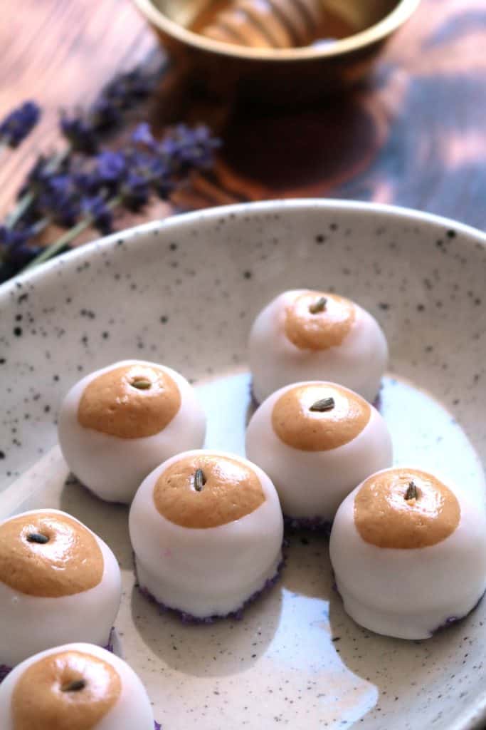 Lavender Honey Buckeyes with Dried Lavender on top.