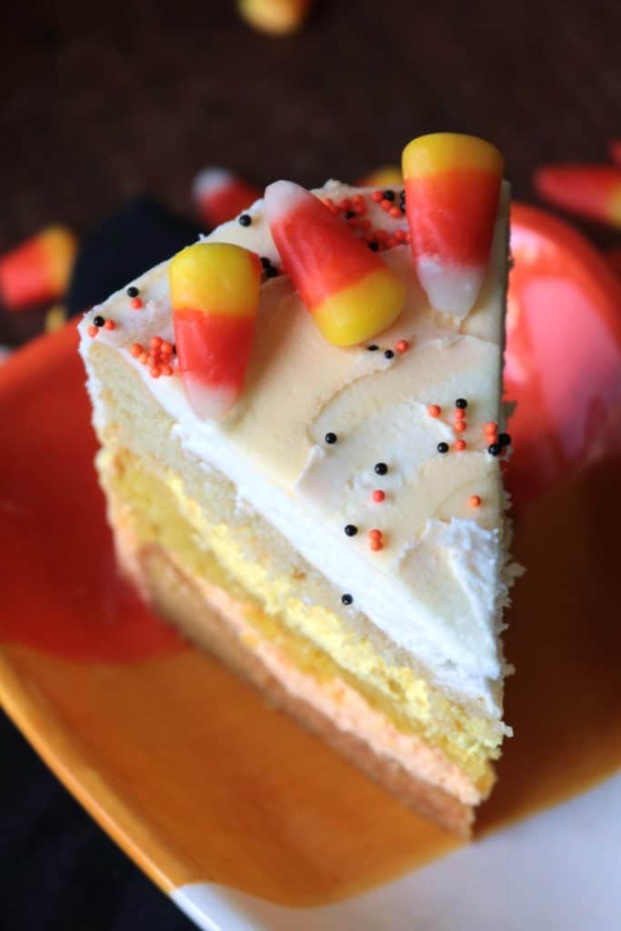 Slice of Layered Candy Corn Cookie Cake.