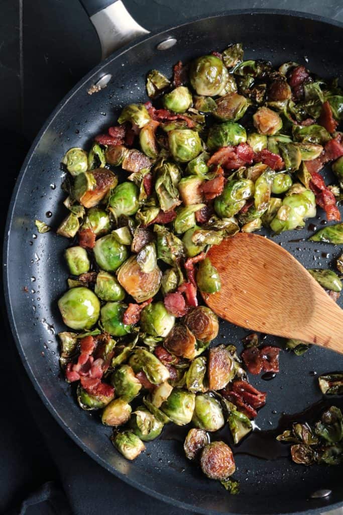 Skillet Caramelized Brussels Sprouts with Bacon, Balsamic Vinegar.