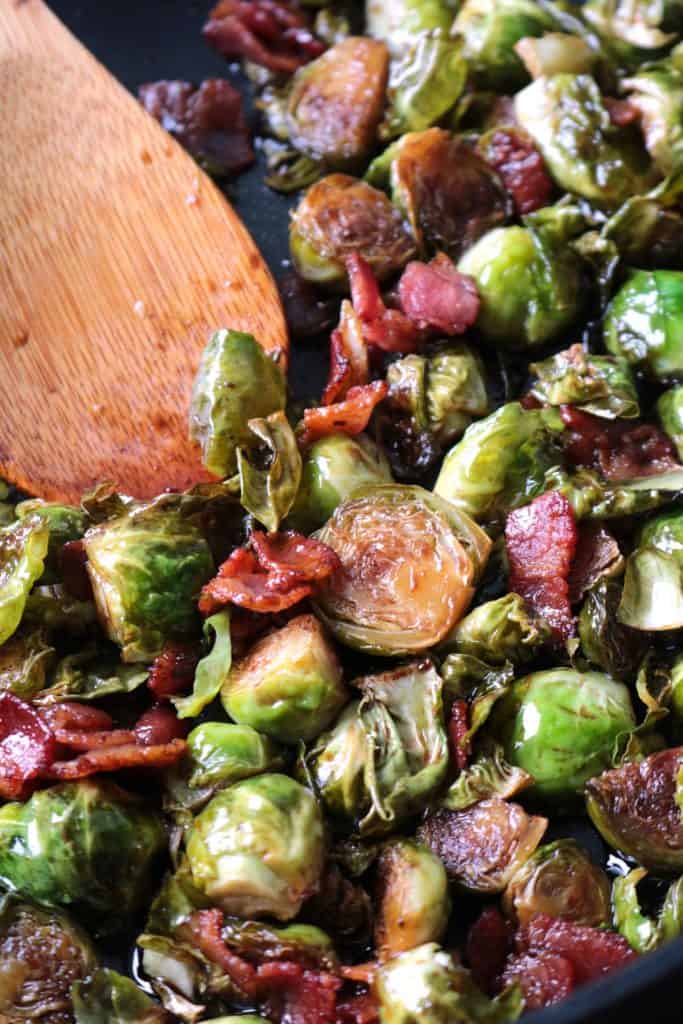 Easy Caramelized Brussels Sprouts with Bacon, Balsamic & Brown Sugar.