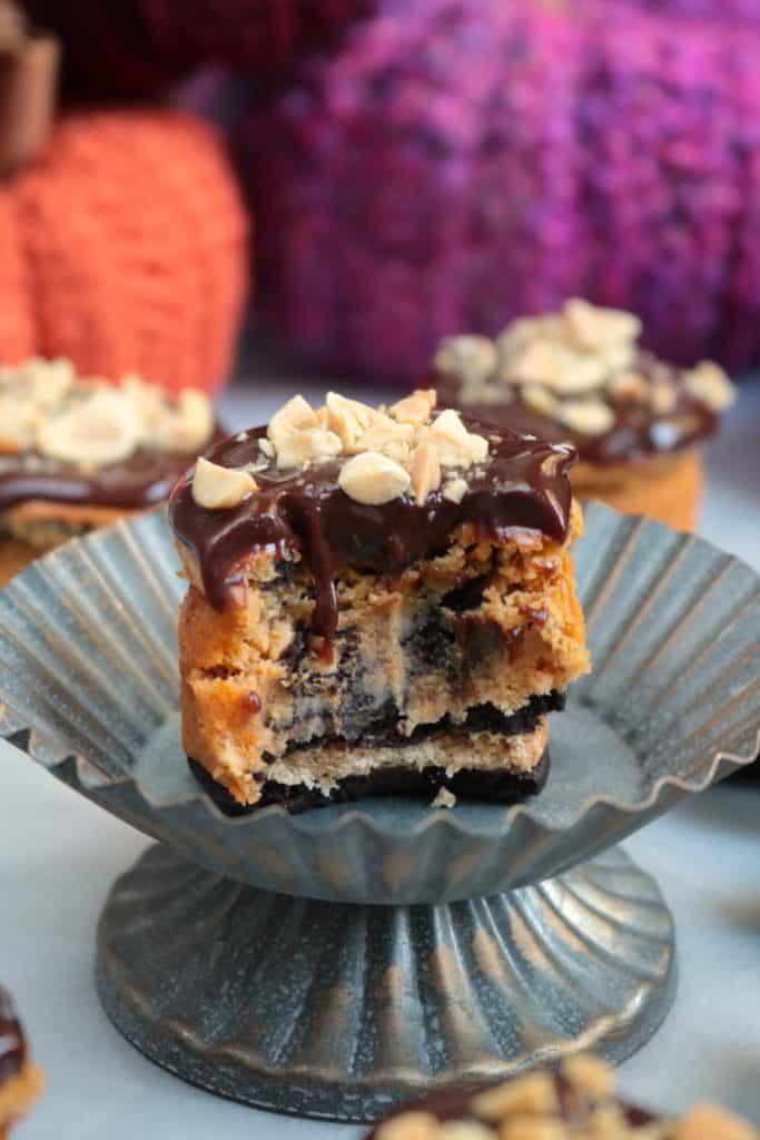 Cross-Section of Peanut Butter Oreo Pumpkin Cheesecake.
