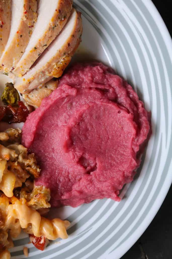 Beet Mashed Potatoes on Holiday Plate.