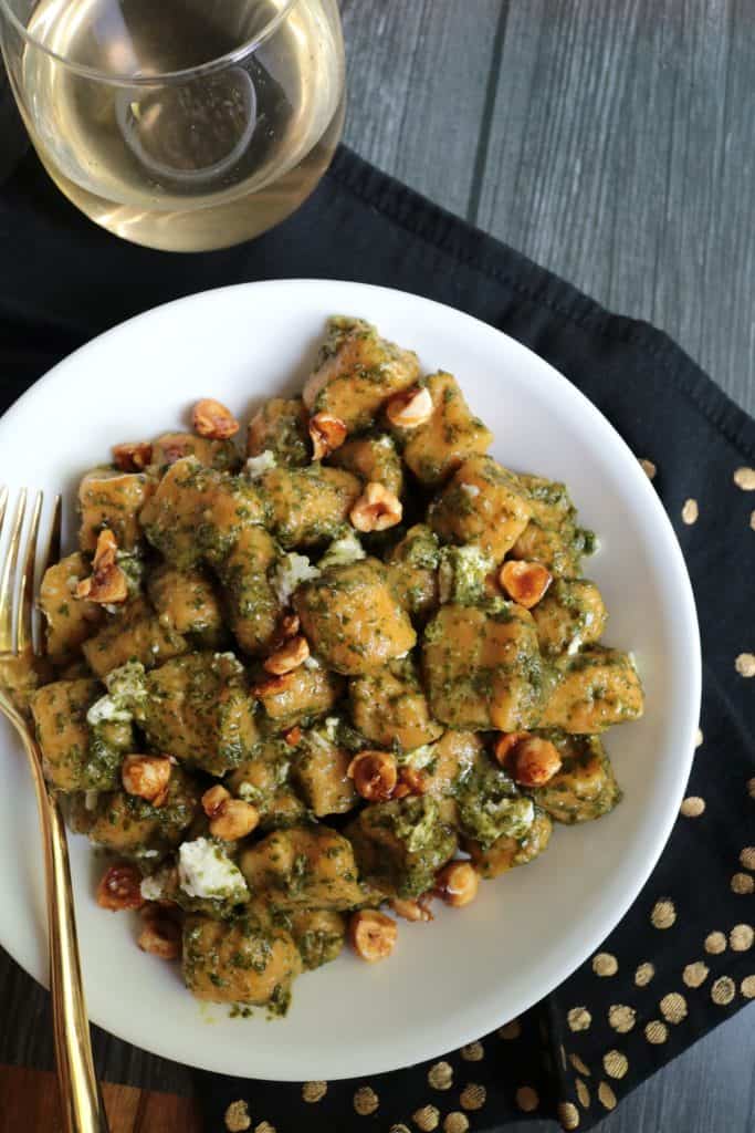 Carrot Gnocchi with Candied Hazelnuts Served with Wine.