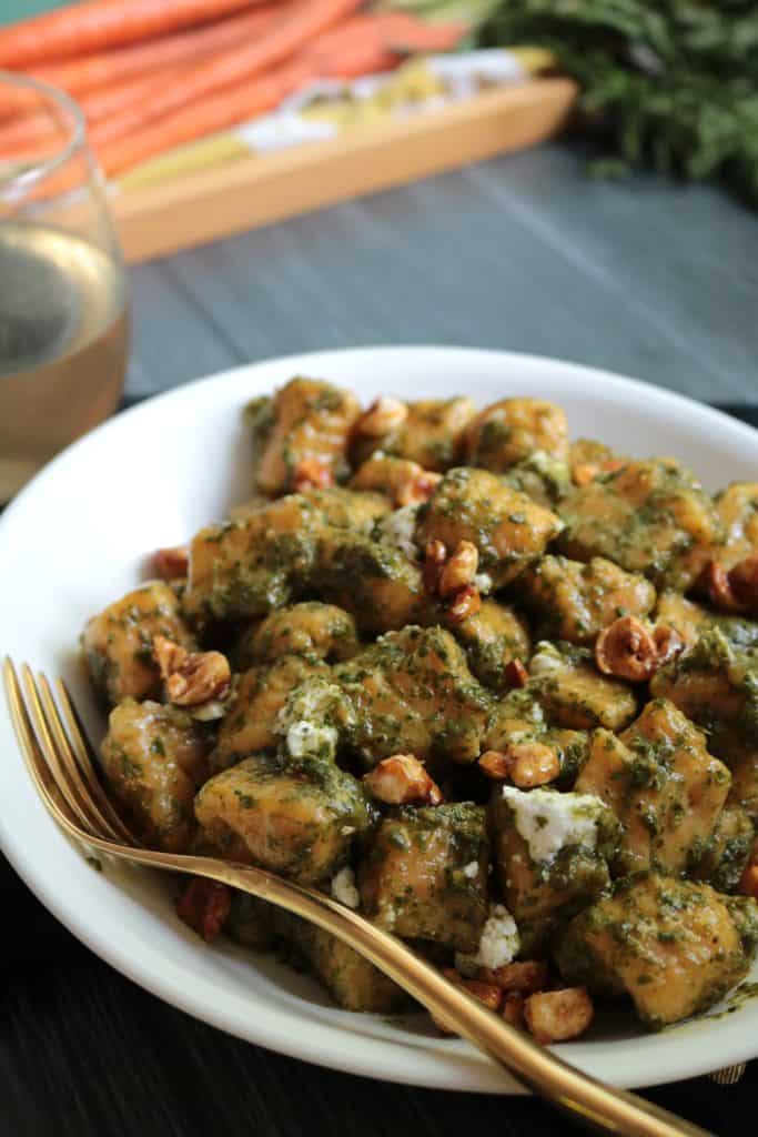 Carrot Gnocchi with Candied Hazelnuts and Goat Cheese.