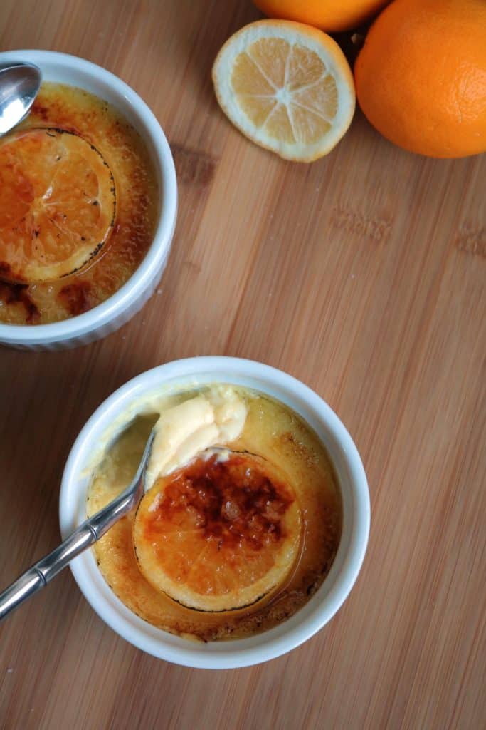 Lavender Lemon Creme Brulee with Candied Lemon on top.