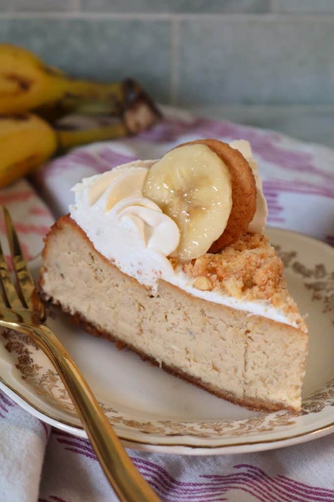 Slice of Banana Pudding Cheesecake on a plate.