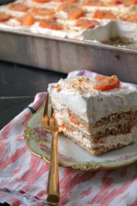 Slice of No-Bake Peaches and Cream Dessert Lasagna.