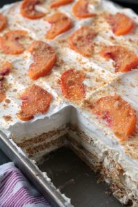 No-Bake Peaches and Cream Dessert Lasagna Layers.