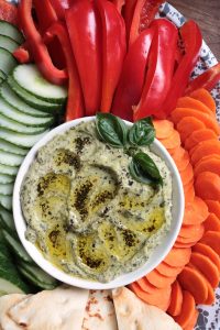 Basil Pesto Hummus with veggie and pita.