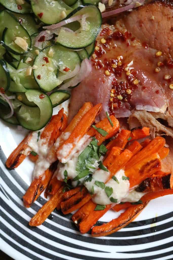 Easter Dinner with Chile-Lime Glazed Ham, Thai Cucumber Salad, and Vietnamese Roasted Carrots. 