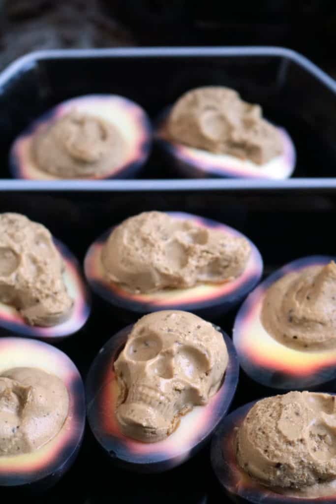 Skull Deviled Eggs in Tomb Tray.