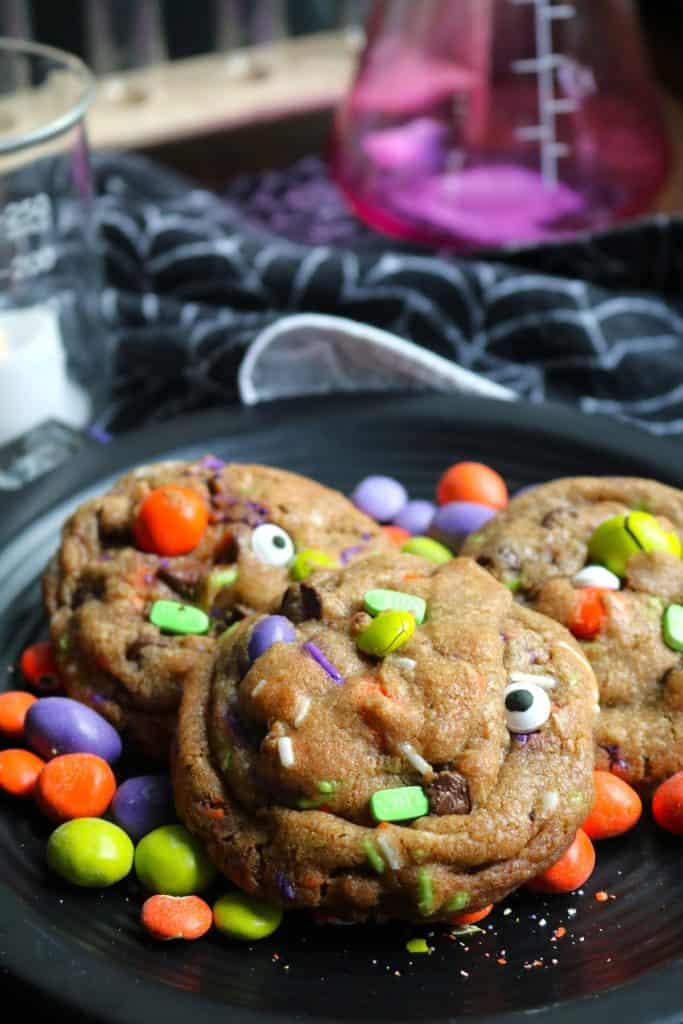 Mad Scientist M&M Halloween Chocolate Chip Cookies.