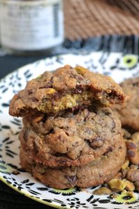 Pistachio Butter Stuffed Dark Chocolate Chip Cookies.
